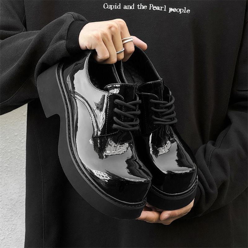 Round Leather Men's Casual Height Increasing British Style Thick Bottom Commuting Big Toe Derby Shoes 9522 Patent_voghion.com