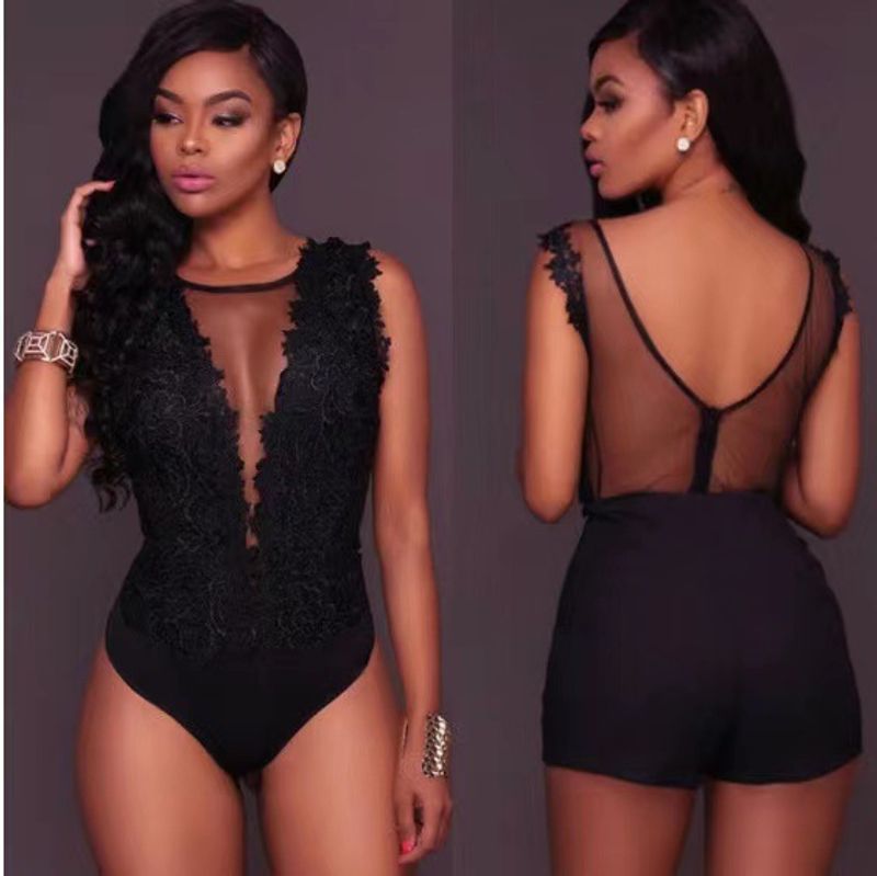 Women's Clothing Spring And Summer New Sexy Lace Splicing Sexy Bodysuit Transparent Deep V Bodysuit Beach Dress_voghion.com