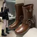 Leather Thick Heel Cap Toe Knee Bootie Belt Buckle Cowhide Slip-On Motorcycle Women Outdoor Shoe Deigner Combat_voghion.com