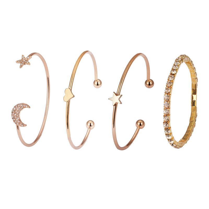 Alloy Jewelry Fashion Personality Star Moon Inlaid Diamond Heart Bracelet For Women 4-Piece Set_voghion.com