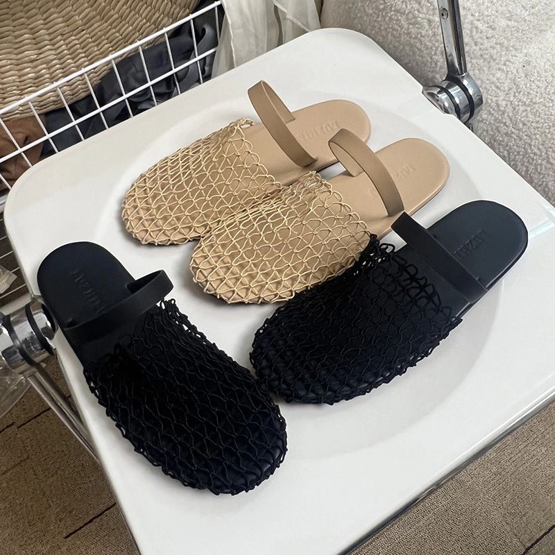 Sandales creuses tissées en filet de pêche de niche de gravité pour femmes 2025 été nouveau pêcheur à fond plat bout rond demi-pantoufles_voghion.com