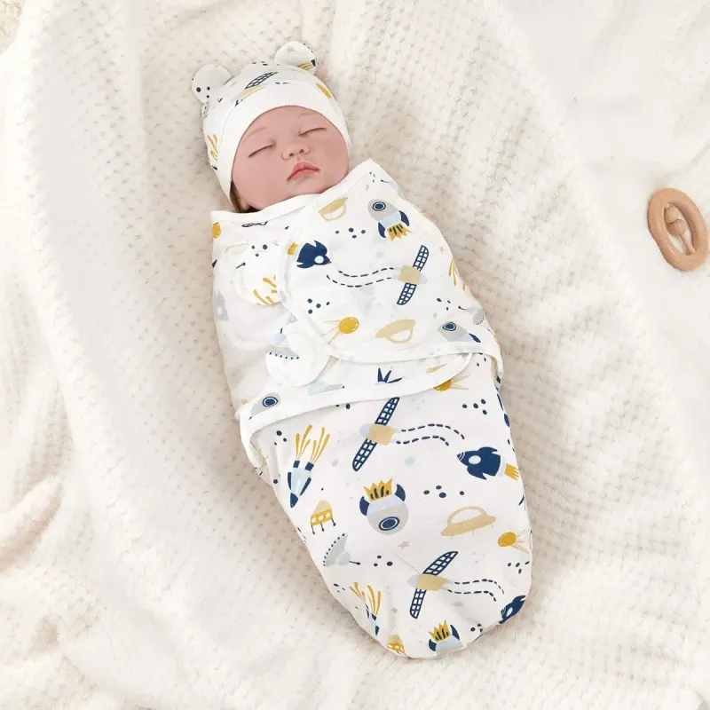 Katoenen baby-ontvangstdeken, anti-schrik, inbakerdoek met muts, pasgeboren slaapzak, verstelbare inbakerdoek voor baby's, babyartikelen_voghion.com