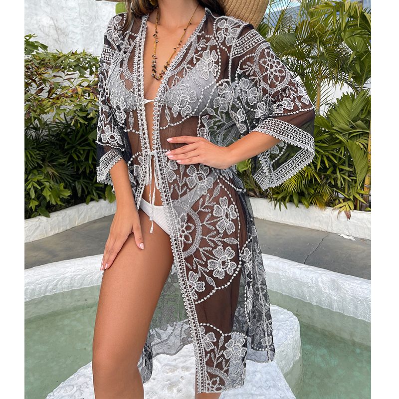 Bikini de seda soluble en agua para mujer, ropa de protección solar, con tirantes bordados calados, holgado, sexy e informal._voghion.com