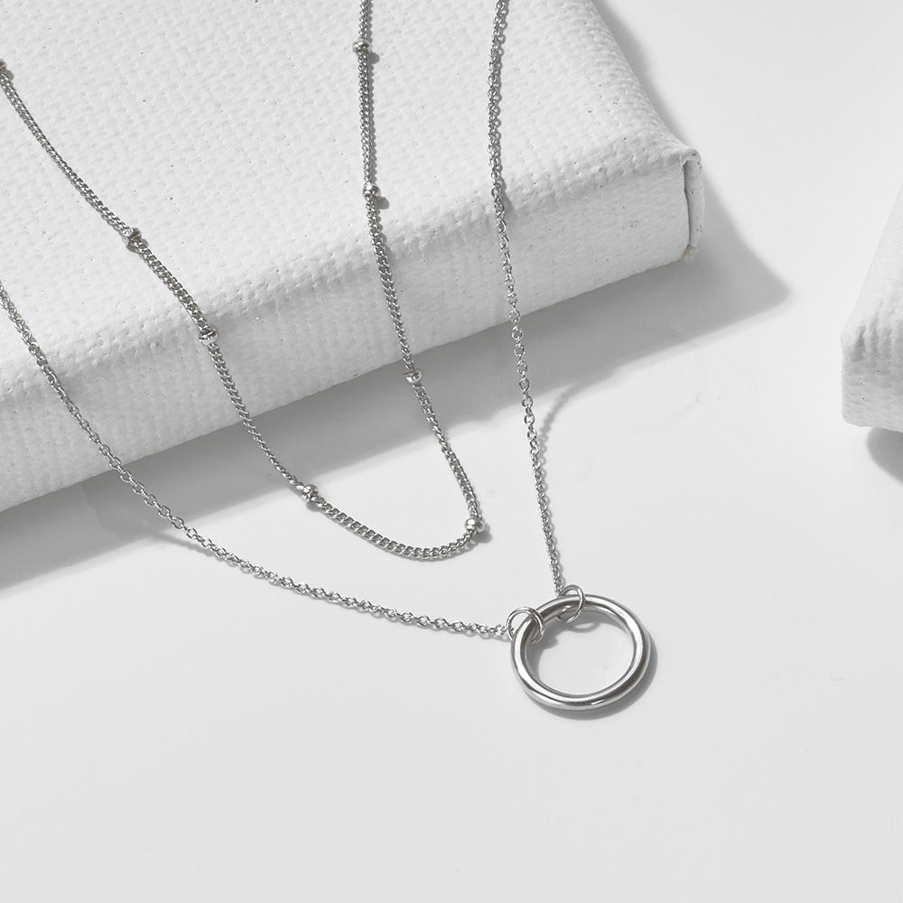 Collana con anello semplice a doppio strato in argento sterling S925, leggera e lussuosa, stile geometrico a cerchio, con catena a clavicola impilabile._voghion.com