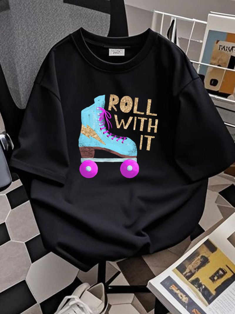 ROLL WITH IT Retro Roller Skate Duża pojemność Plecak z nadrukiem Plecaki Top do codziennego noszenia Streetwear Miękkie oddychające Graficzne Swobodne_voghion.com