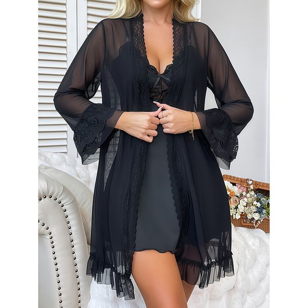 Completo da notte con sottoveste in pizzo trasparente e scollo a V profondo - Indumenti da notte sexy per donna, nero (S-Xl) Tendenze moda Scollo a V profondo_voghion.com
