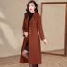 Women's Knee-Length Wool Blend Trench Coat With Belt - Elegant Office Casual Overcoat In Solid Colors (Khaki, Burgundy, Coffee, Caramel)_voghion.com