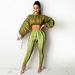 Women's Striped Print Drawstring Sexy Crop Top Long Sleeve Two-Piece Set_voghion.com