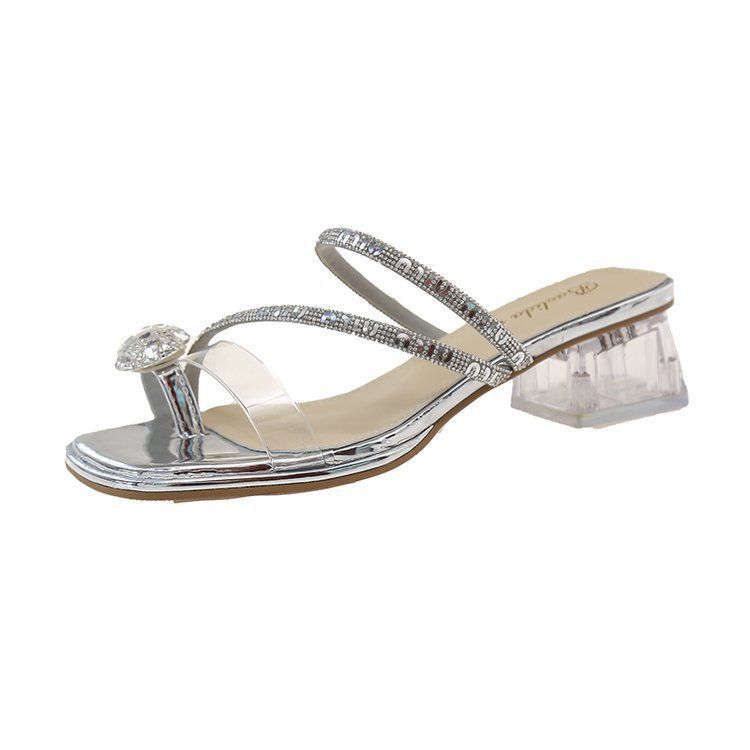 Water Diamond For Women's Summer Outerwear 2025 New French Luxury Crystal Coarse Heel Set With Toe Matching Skirt Cool_voghion.com