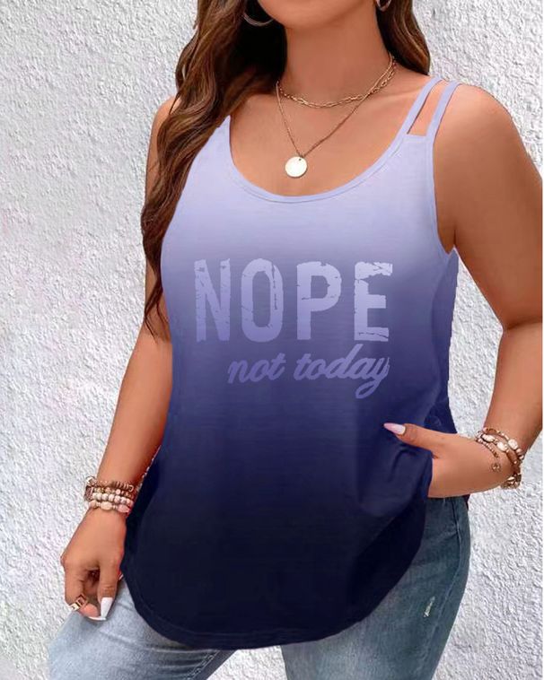 Sieviešu apģērbs 2024. gada sieviešu apaļa kakla izgriezuma gradienta burtu apdrukas bezpiedurkņu plecu krekls_voghion.com