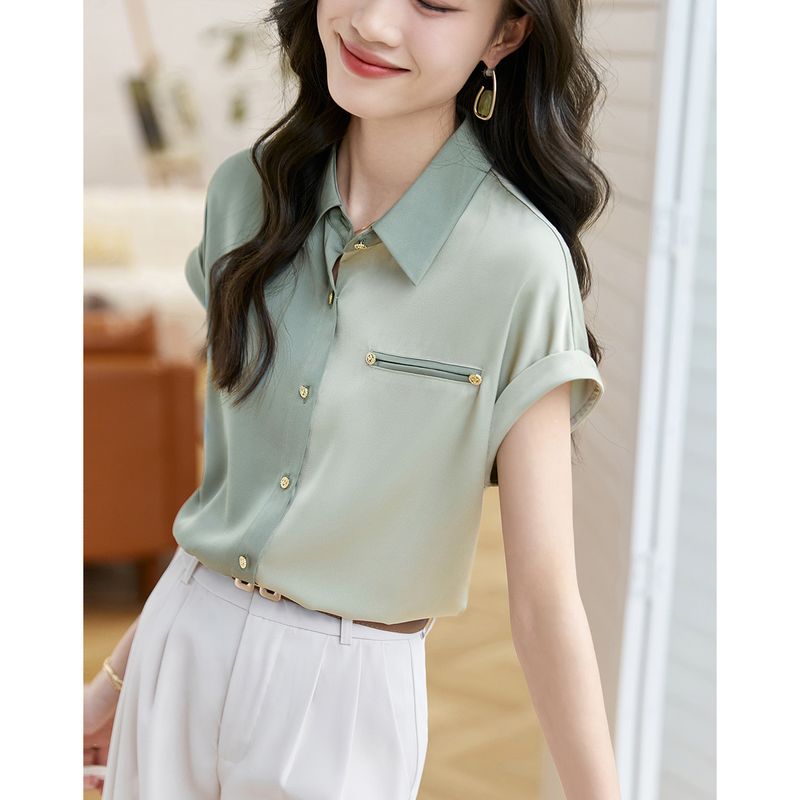 Top casual coreano in raso 2024 estate nuova versatile camicia a maniche raglan con texture patchwork color block per donna_voghion.com