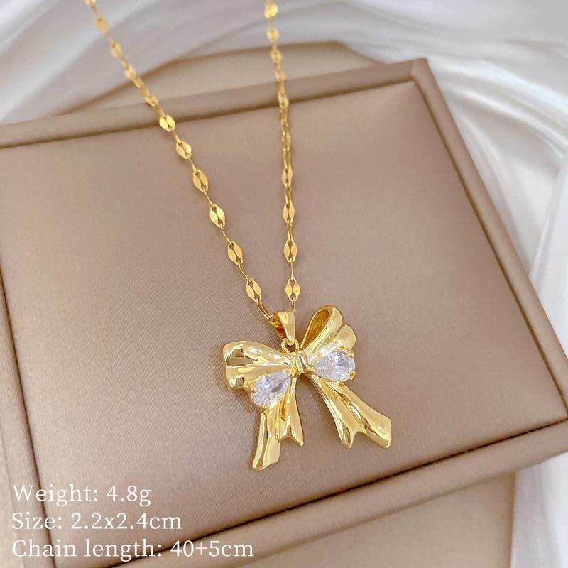 Pendientes de circón con lazo de acero inoxidable, collar con colgante para mujeres y niñas, gargantilla de cadena de clavícula de moda coreana, collar, joyería de fiesta_voghion.com