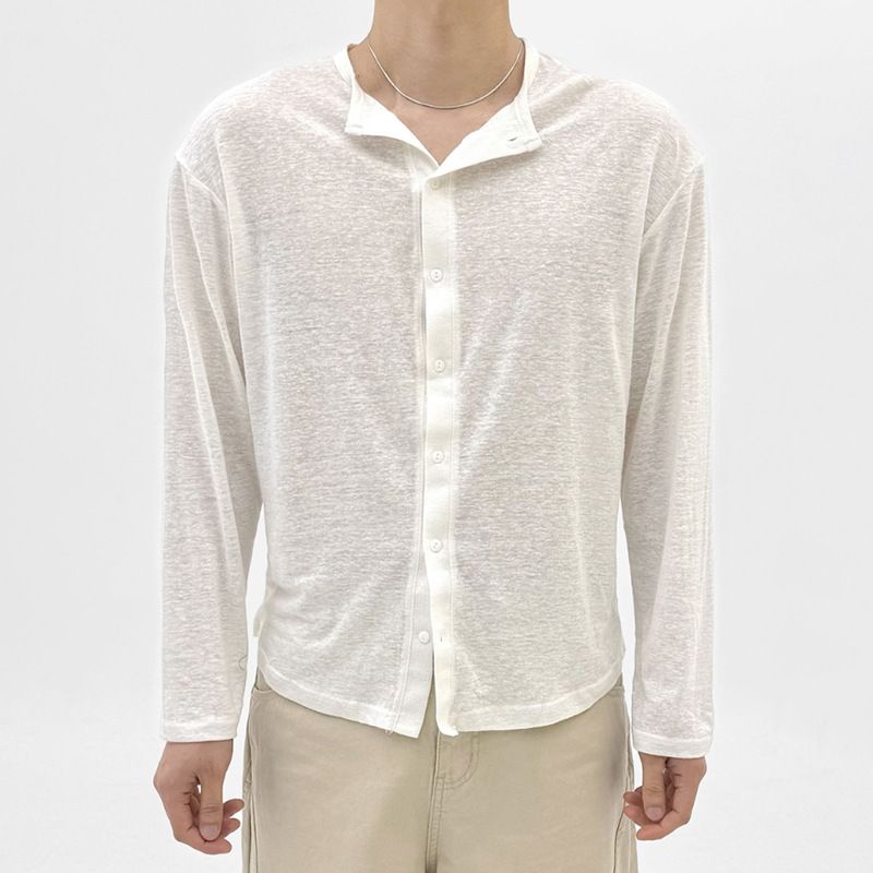 Herrenbekleidung Lässige Micro Perspective Einreihiges Rundhals Langarmhemd Dünne Strickjacke_voghion.com