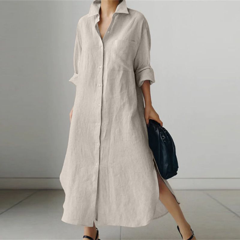 Women's Clothing Spring And Autumn Solid Color Long Sleeve Split Dress_voghion.com