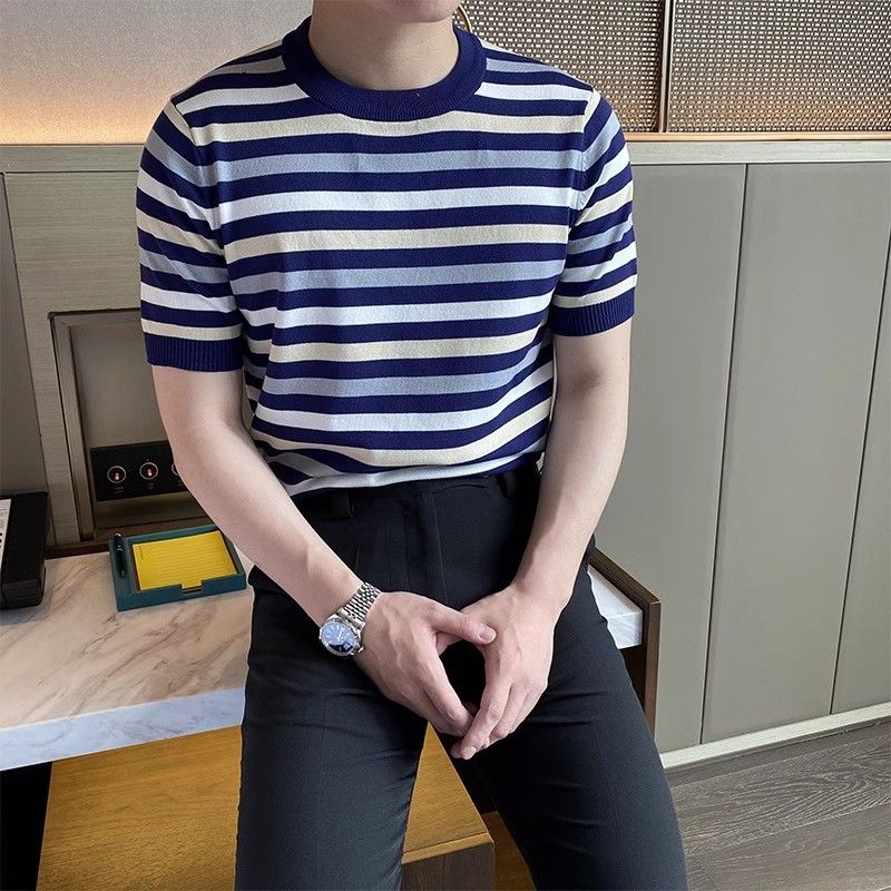 Men's Clothing Summer light luxury striped sweater short sleeved men 2024 new trend contrast color round neck top T shirt men's clothing_voghion.com
