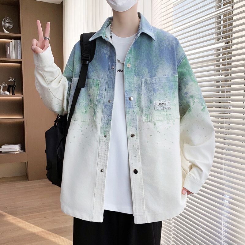 Giacca in denim da uomo con cappuccio - Cappotto in misto cotone lavato dalla vestibilità comoda per ragazzi adolescenti, capospalla casual da strada (grigio/verde), taglie dalla M alla 3XL_voghion.com