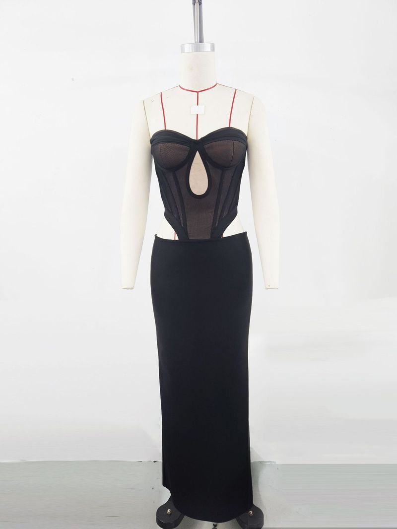 Elegante abito da sera in rete nera ed elasticizzato per donna - Sofisticato abito a sirena con vita alta e design a spalle scoperte_voghion.com