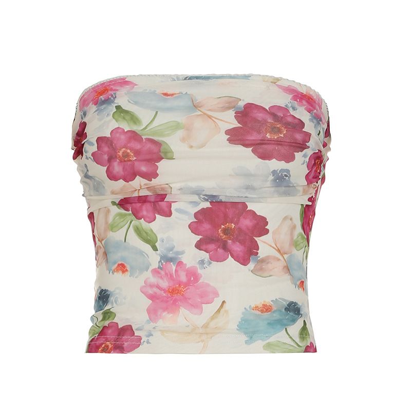 Damenbekleidung für Mädchen, pastoraler Stil, Blumendruck, plissiertes Netz-Tube-Top, süße Mode, sexy Spitze, Taillenform, kurzes Top_voghion.com