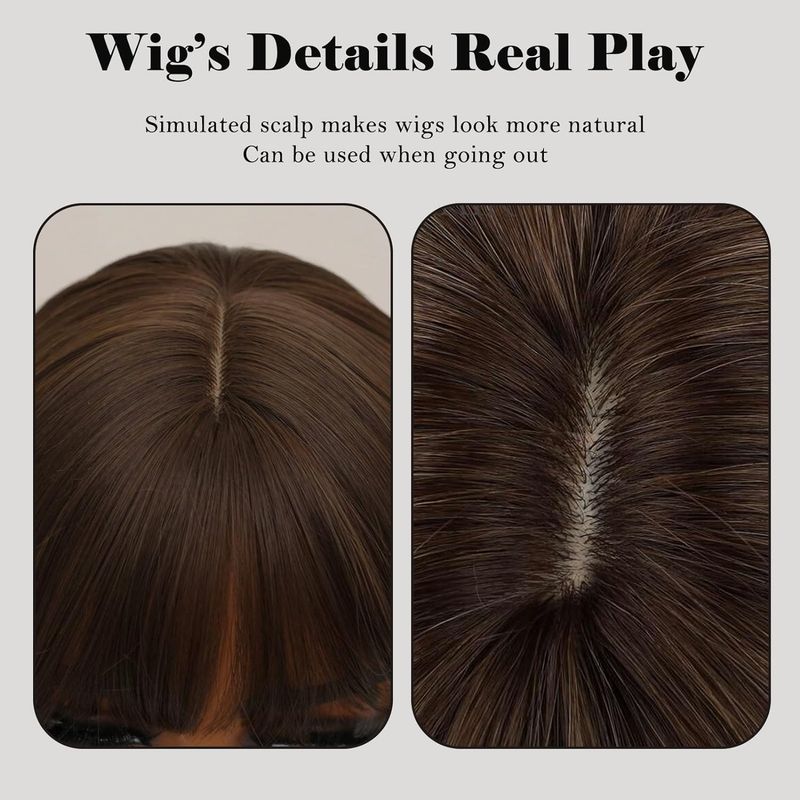 Allbell Brown Short Wave Headed Wig ist für Frauen gemischt braun synthetische Perücken mit Pony und hitzebeständig_voghion.com