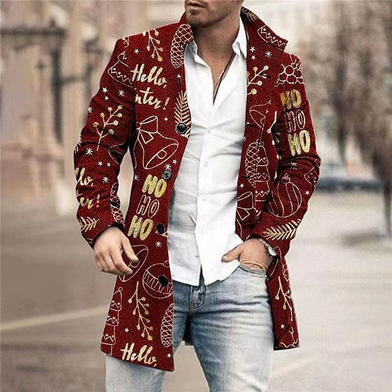 Men's Coat - New Fall/Winter Style Woolen Stand Collar Mid-Length Printed Casual Coat_voghion.com
