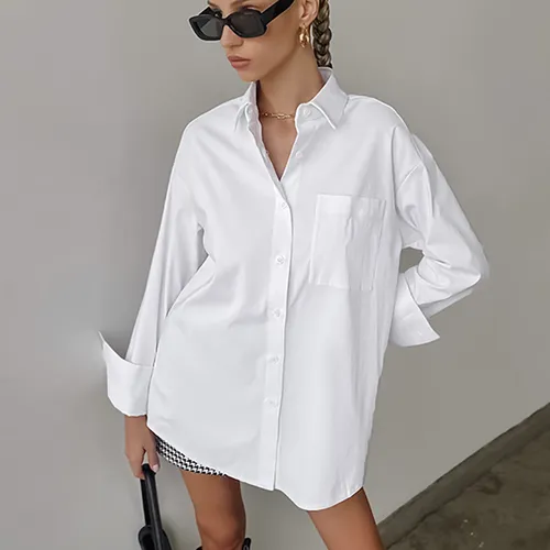 Einfaches, weißes Oversize-Hemd für Damen, lässig, modisch, Frühling und Sommer, lässig, vielseitig, mittellanger Stil für Damen_voghion.com