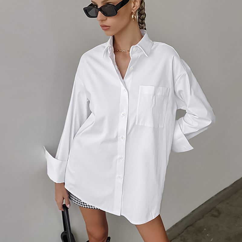 Einfaches, weißes Oversize-Hemd für Damen, lässig, modisch, Frühling und Sommer, lässig, vielseitig, mittellanger Stil für Damen_voghion.com