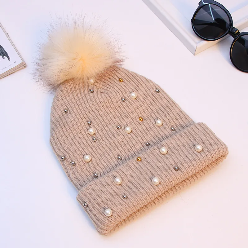 2021 Women Winter Fashion Hat Pompom Balls Cap Pearls Rhinestones Knitted Wool Beanie Casual Outdoor Warm Female_voghion.com