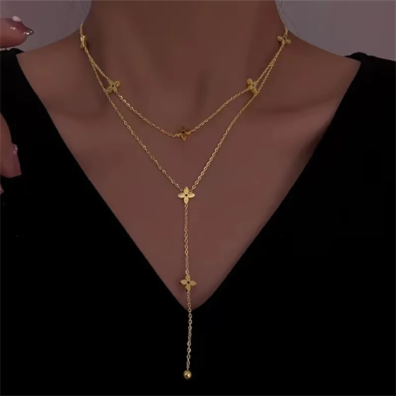 Titane Acier Double Couche Collier L Fleur Gland Chaîne Croix Fleur Clavicule Chaîne Ancre Live Room Nouvelle Chaîne Décorative Net Fille Rouge_voghion.com