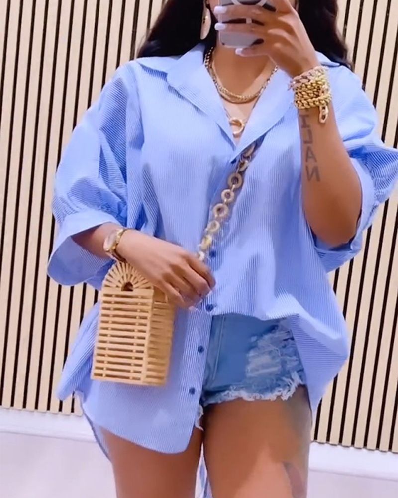 Blue striped back hollow slit drawstring strap design mid-sleeve loose shirt_voghion.com