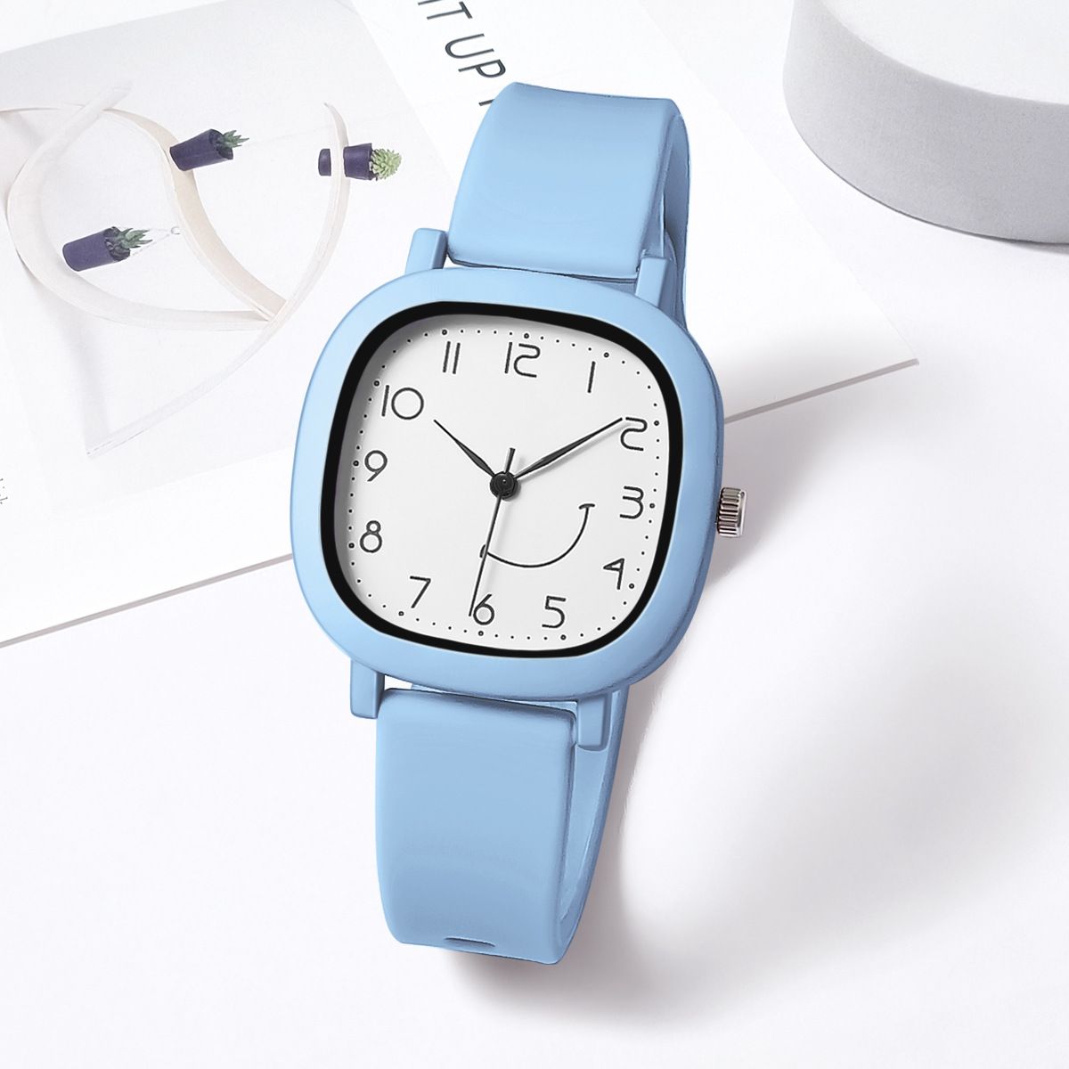 New Jelly Color Square Case Crooked Smiley Face Student Sports Silicone Strap Quartz Watch_voghion.com