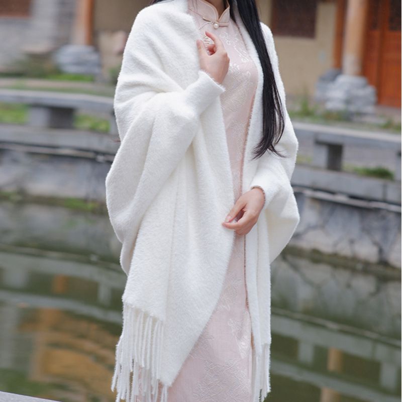 Casaco branco estilo República da China combinado com xale cheongsam, jaqueta versátil nova outono 2022, capa, agasalho, feminino_voghion.com