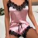 Satin- und Spitzen-Babydoll-Dessous-Set – Sexy rosa gestreiftes Negligé mit String, leichte Polyester-Nachtwäsche für Damen_voghion.com
