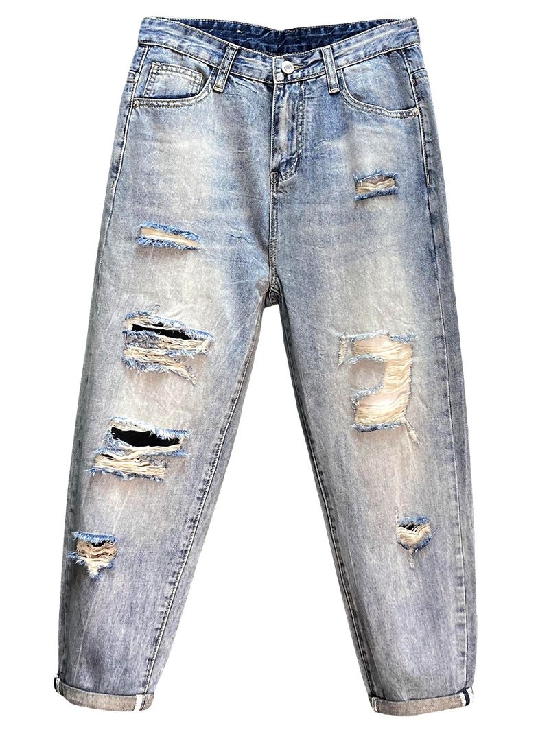 Abbigliamento maschile Jeans azzurri lavati Pantaloni harem larghi e dritti spezzati Pantaloni da mendicante in puro cotone autunnali_voghion.com