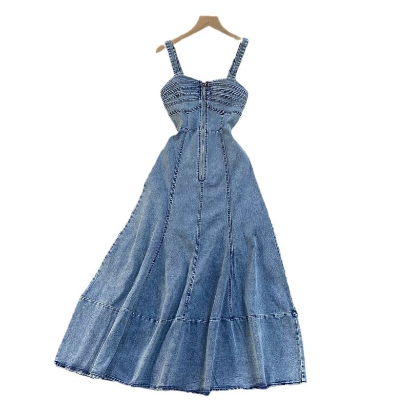 Vêtements pour femmes Robe longue en jean à bretelles taille haute avec fermeture éclair pour l'été_voghion.com