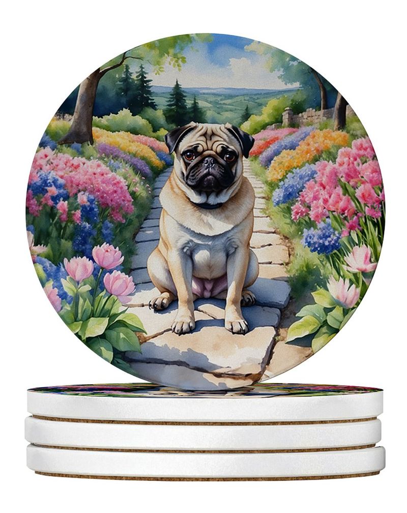 Pug Spring Path Large Sandstone Coasters Pack Of 4 Absorbent Round Coasters Decor Gifts For Men Or Women, 4 In, Multicolor_voghion.com