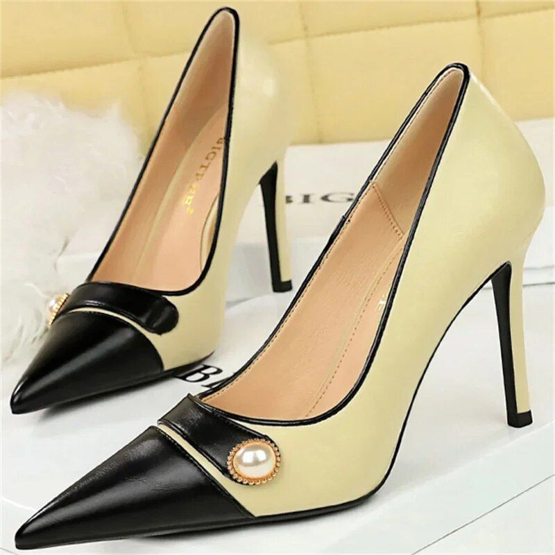Elegant Fashion Retro Pumps Thin 10cm High Lady Shallow Pointed Toe Pearl Patchwork Heels Design Brand Shoes_voghion.com