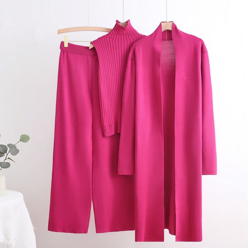 Vêtements pour femmes automne et hiver style déesse coupe-vent long col haut gilet intérieur pull taille élastique pantalon large costume tricoté trois pièces_voghion.com