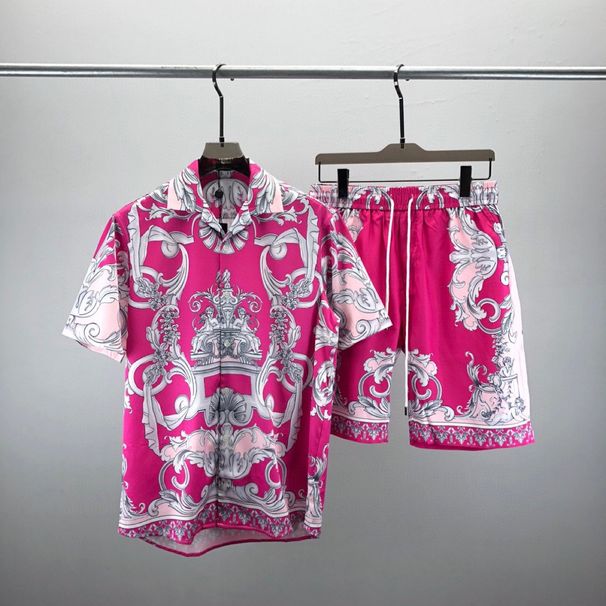 Fashionable VE short sleeved shirt set with pink 3D printed pattern design, unisex top and shorts_voghion.com