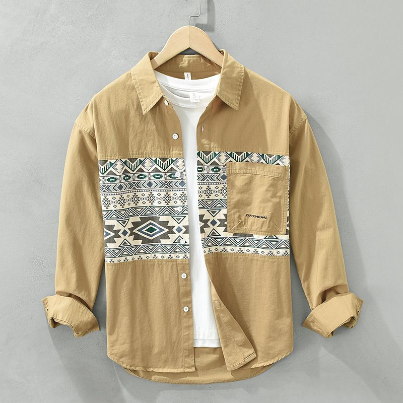 6756 Japanese casual long-sleeved shirts, fashion stitching, printed men's clothing, literary and versatile, loose tops, one piece of hair_voghion.com