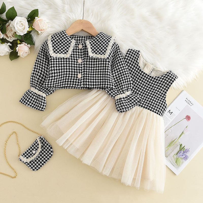 Thousand Birds Check Big Lapel Coat + Patchwork Mesh Skirt Girls' Suit Autumn And Winter Small Fragrance Wind Children's Wear_voghion.com