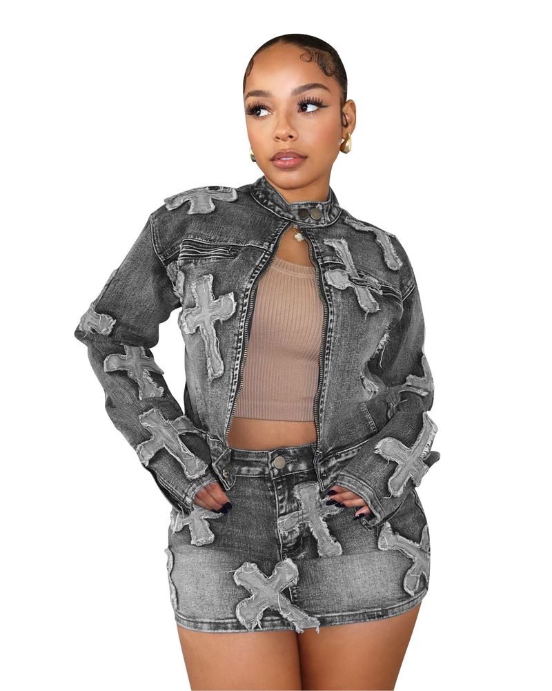 Women's Clothing Denim Embroidered Skirt Jacket Set_voghion.com