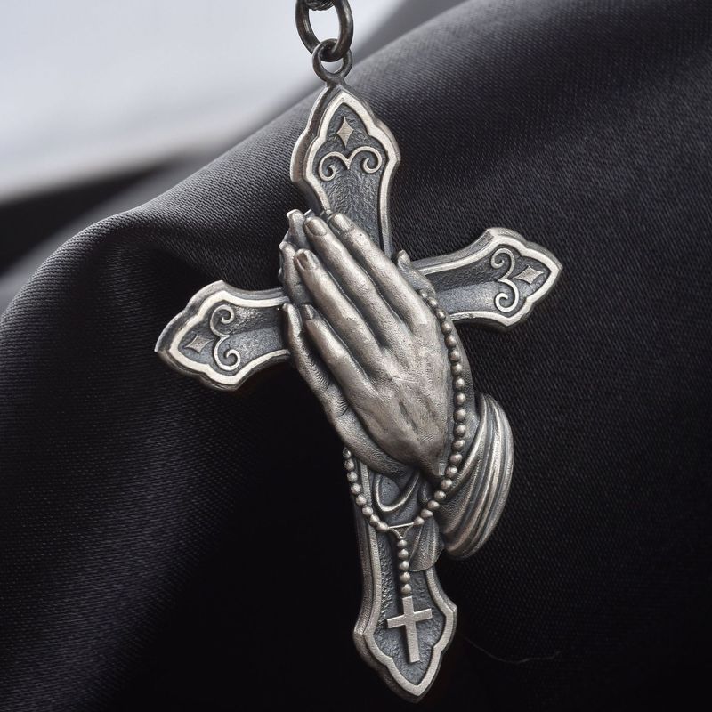 Collana con croce di preghiera a due mani di Zhenrong, nuovo stile, ciondolo nero placcato in argento tailandese_voghion.com