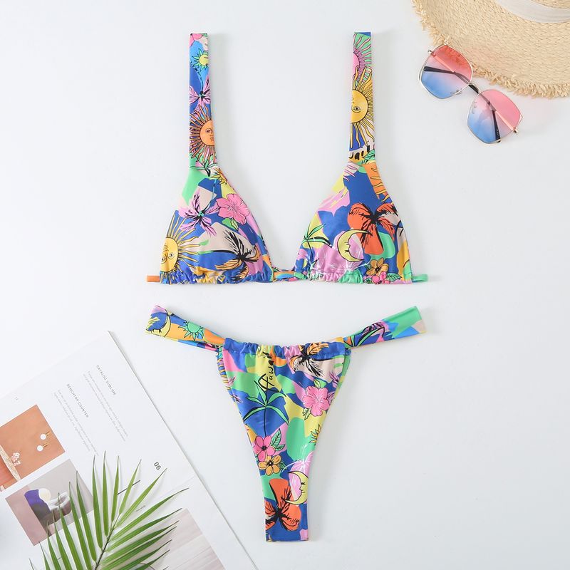 Damenbekleidung Bedruckter Schnür-Badeanzug, sexy, rückenfrei, geteilt, floraler Dreipunkt-Bikini_voghion.com