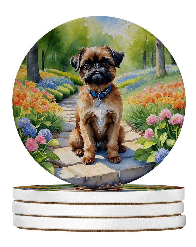 Brussels Griffon Spring Path Large Sandstone Coasters Pack Of 4 Absorbent Round Coasters Decor Gifts For Men Or Women, 4 In, Multicolor_voghion.com