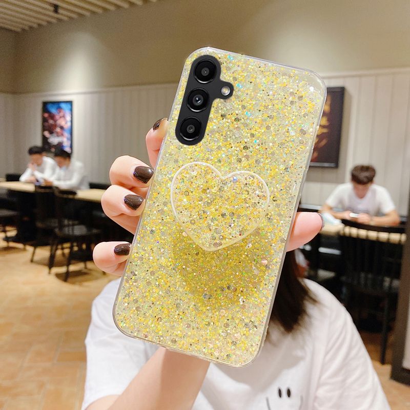 Shiny Glitter Heart Love Telefonholder Etui til Samsung Galaxy A14 A34 A54 A04 A24 5G Guld Sølv Folie Blødt Silikone Cover_voghion.com