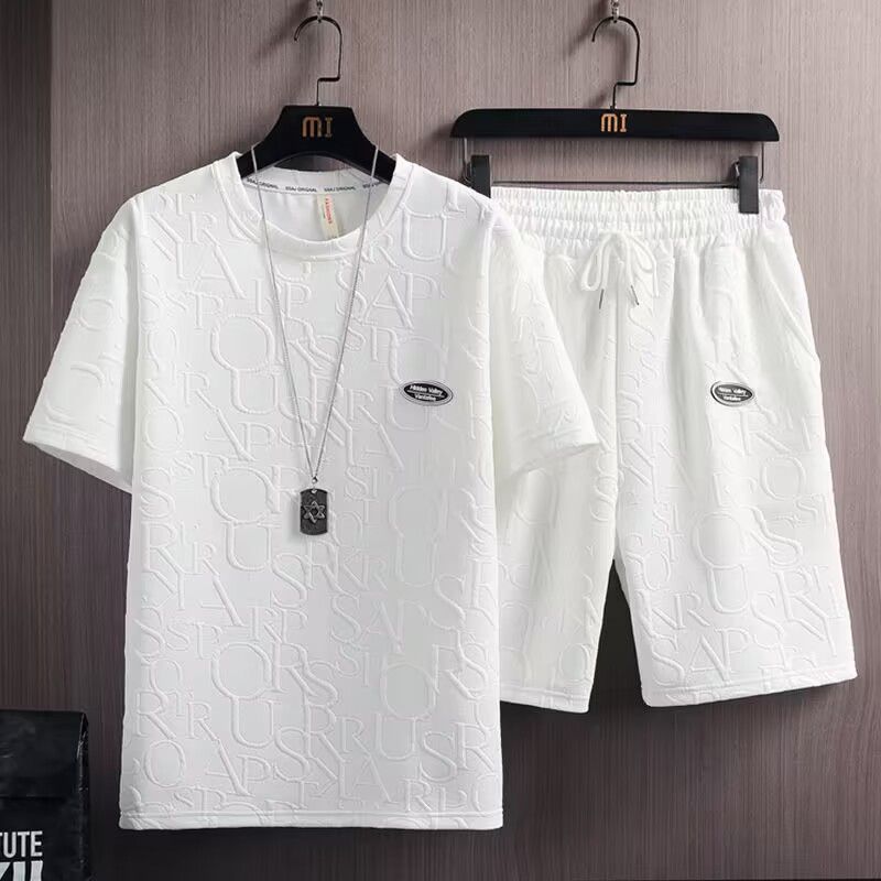 Heren Jacquard Wafelpak Casual Sport Korte Mouwen Shorts Tweedelig Pak_voghion.com