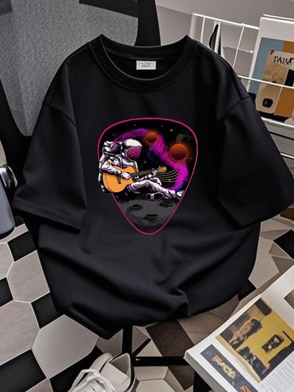 Un astronauta che suona la chitarra, maglietta da uomo in cotone con scritta Space Rock, elegante, versatile, stile grafico, casual._voghion.com