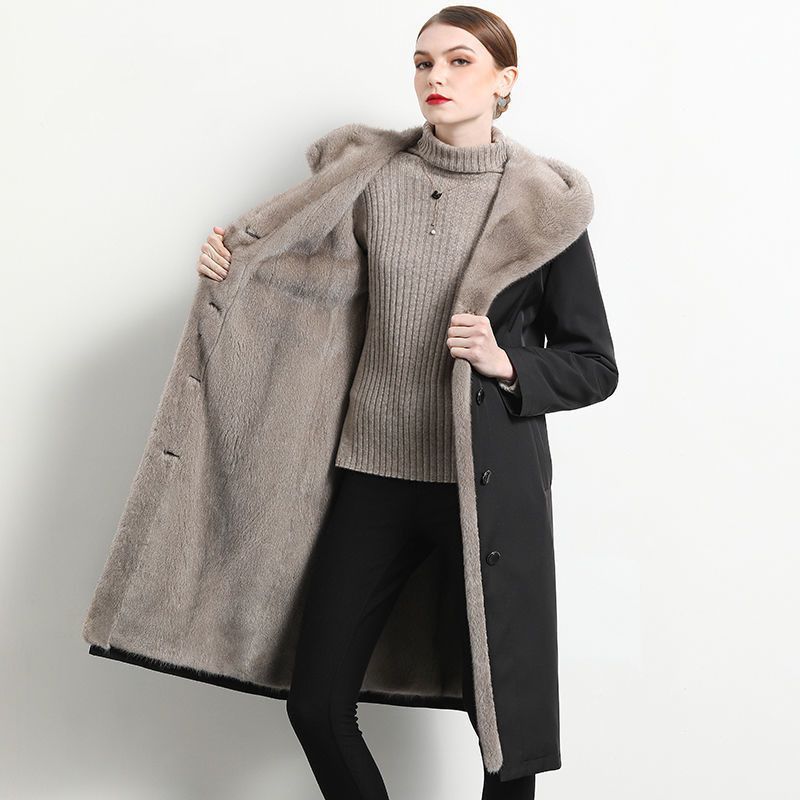 Mid-Length Faux Mink Coat – Vegan Fur-Lined Hooded Jacket With Fleece Lining (M-4XL, Black)_voghion.com