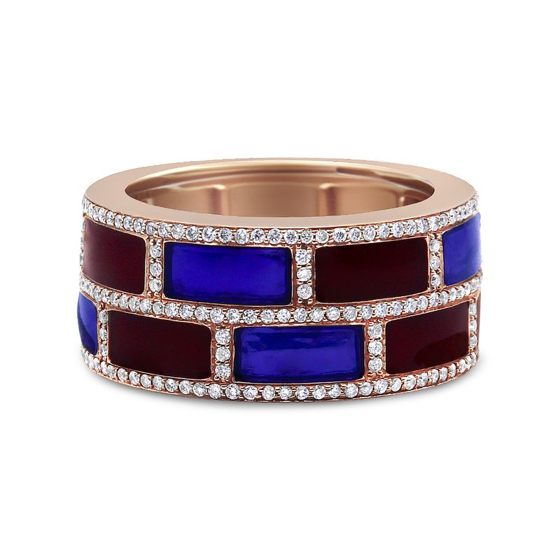  Rose Gold Alternating Red and Blue Enamel and 1/2 Cttw Diamond Studded Band Ring (F-G Color, VS1-VS2 Clarity) - Ring Size 7_voghion.com