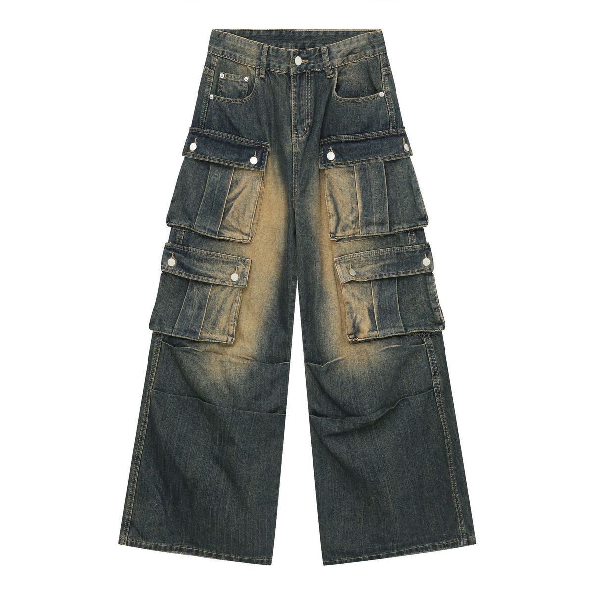 Nirben Vintage Workwear Jeans – Relaxed Fit Cargo Pants With Multi-Pocket Design & Washed Blue Denim (S-XXXL, Distressed Finish)_voghion.com